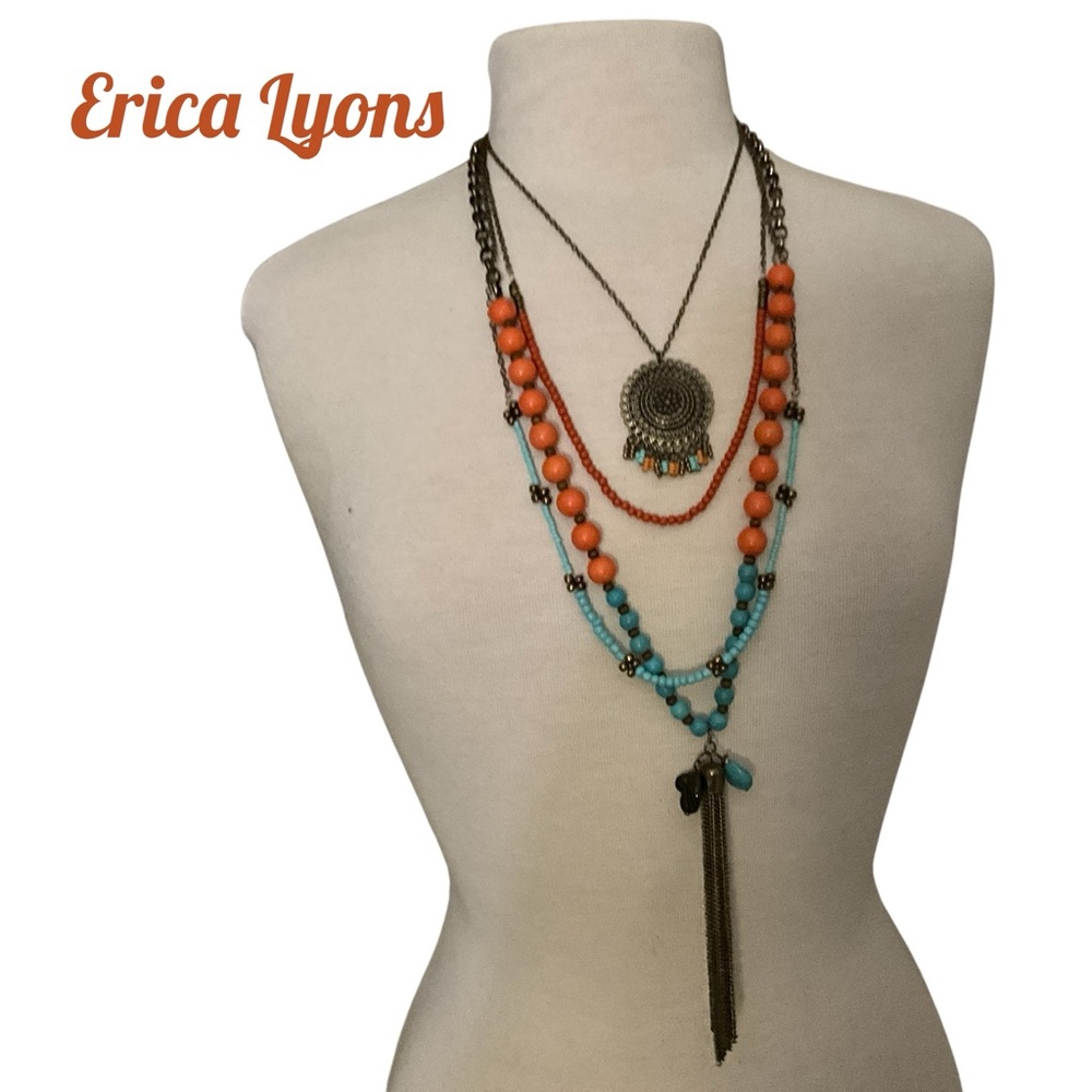 Two Erica Lyons Necklaces Shades Vibrant Orange and Turquoise Dark Toned Metal